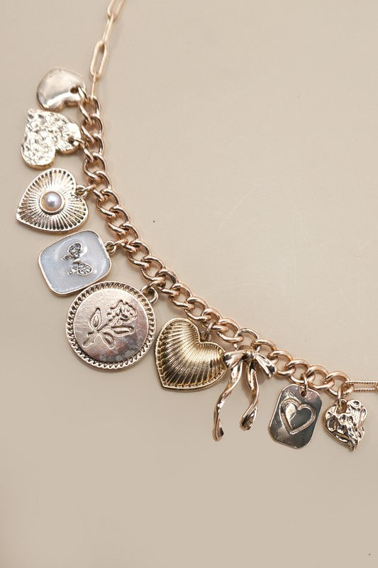 CHARM NECKLACE-CUSTER BOW HEART PEARL LINK