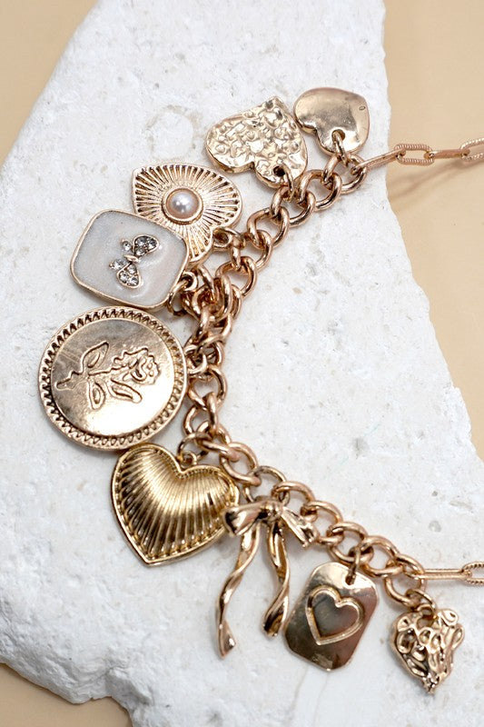 CHARM NECKLACE-CUSTER BOW HEART PEARL LINK