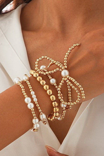 MULTILAYER BALL CHAIN BEAD PEARL BOW BRACELET