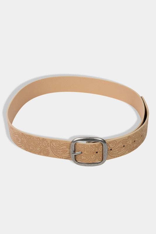 Ivory Etched Floral Faux Leather Belt