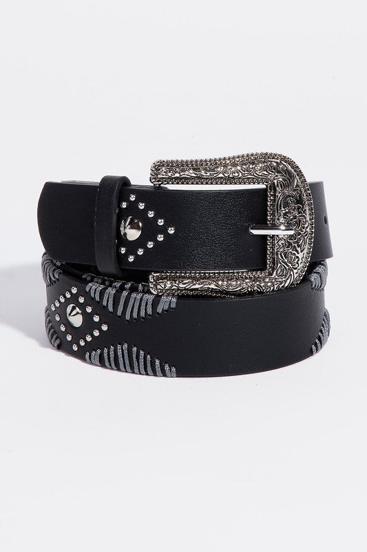 Western Floral Etched Buckle Belt BLK