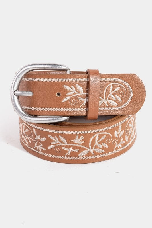 Brown Floral Embroidered Pattern Faux Leather Belt