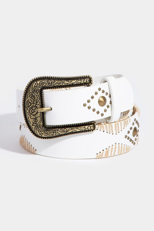 Western Floral Etched Buckle Belt White