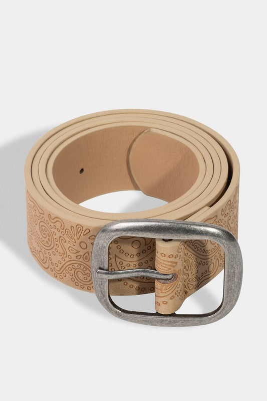 Ivory Etched Floral Faux Leather Belt