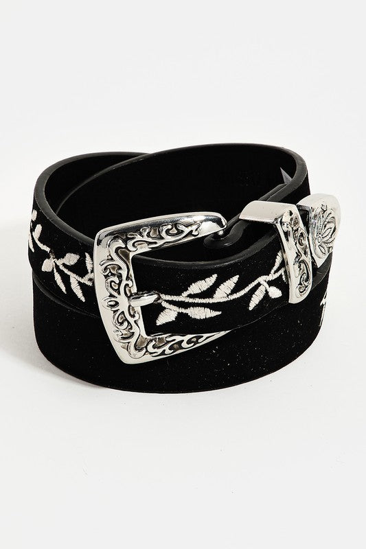 Vine Embroidered Faux Leather Belt