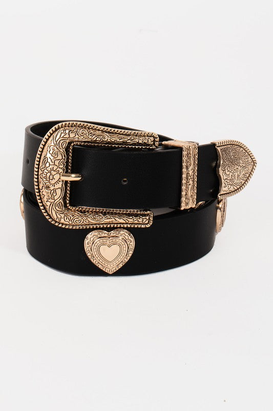 Western Etched Flower Heart Faux Leather Belt