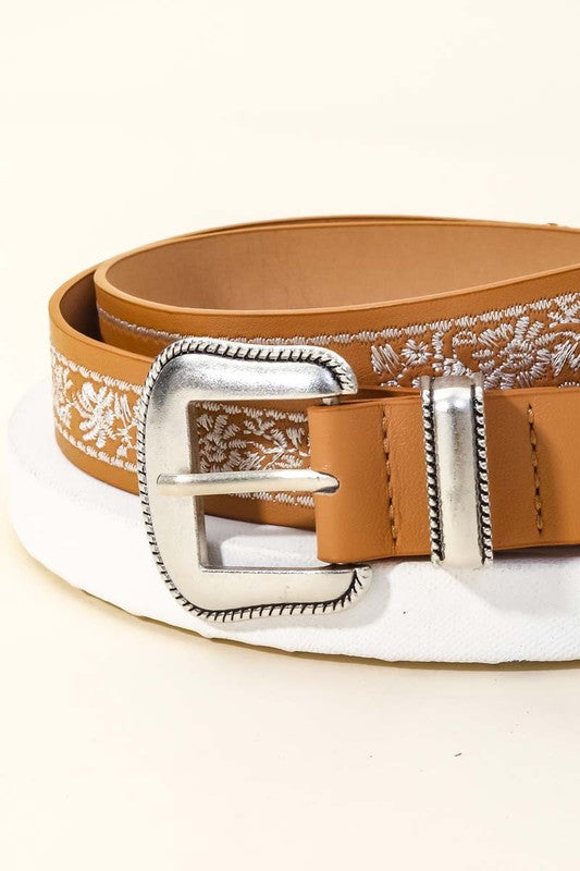 Embroidered Floral Pattern Buckle Belt