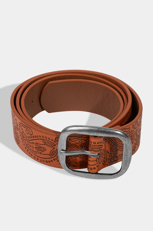 Brown Etched Floral Faux Leather Belt