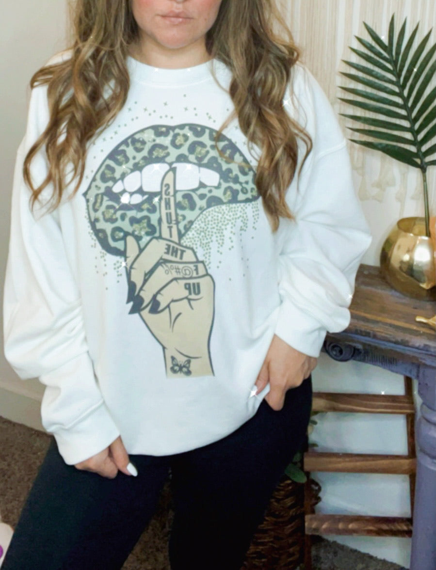 STFU Leopard White Crew Neck Sweater