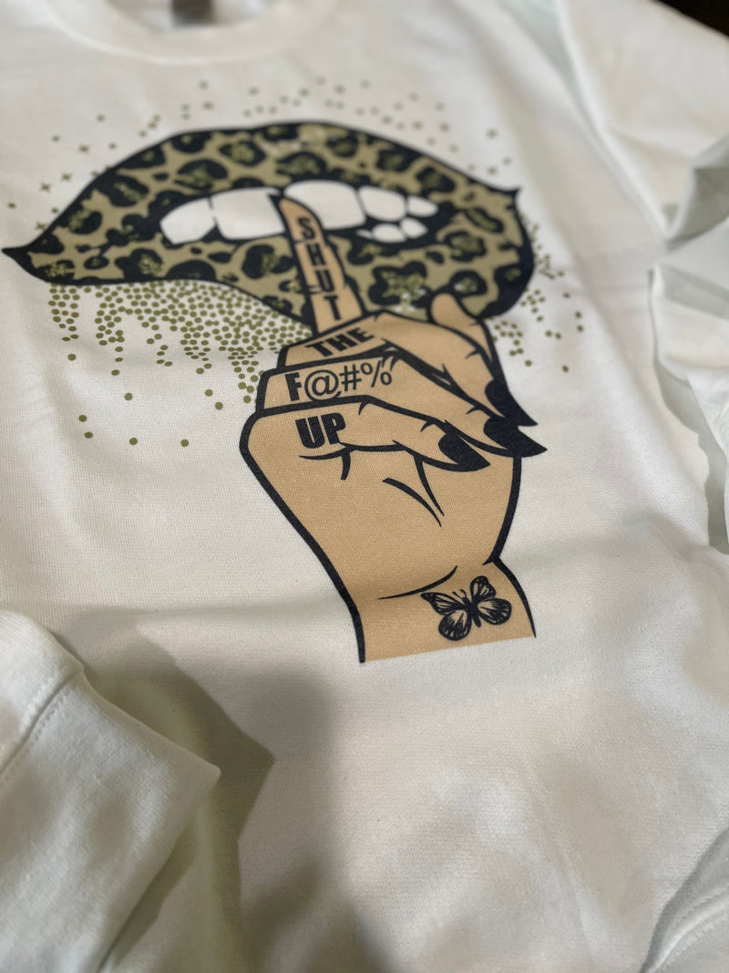 STFU Leopard White Crew Neck Sweater